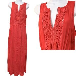 Hinge Red Gauzy Maxi Dress‎ Small Crochet Cottage Beachy Peasant Resort Tassles